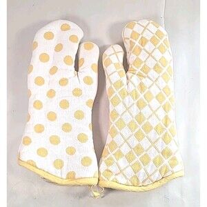 MacKenzie-Childs Argyle/Dots Oven Mitts Yellow & White Excellent Condition